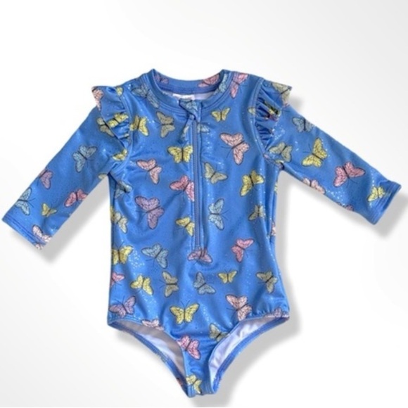 Pink Platinum One-piece shine Swimsuit Blue Butterfly 3/4 Sleeve size 10/12​ - Picture 1 of 3